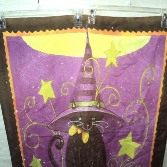 Halloween Garden Flag, Beth Yarbrough  Black Cat in Witch Hat on Pumpkin 40 x 28 - Picture 2 of 5